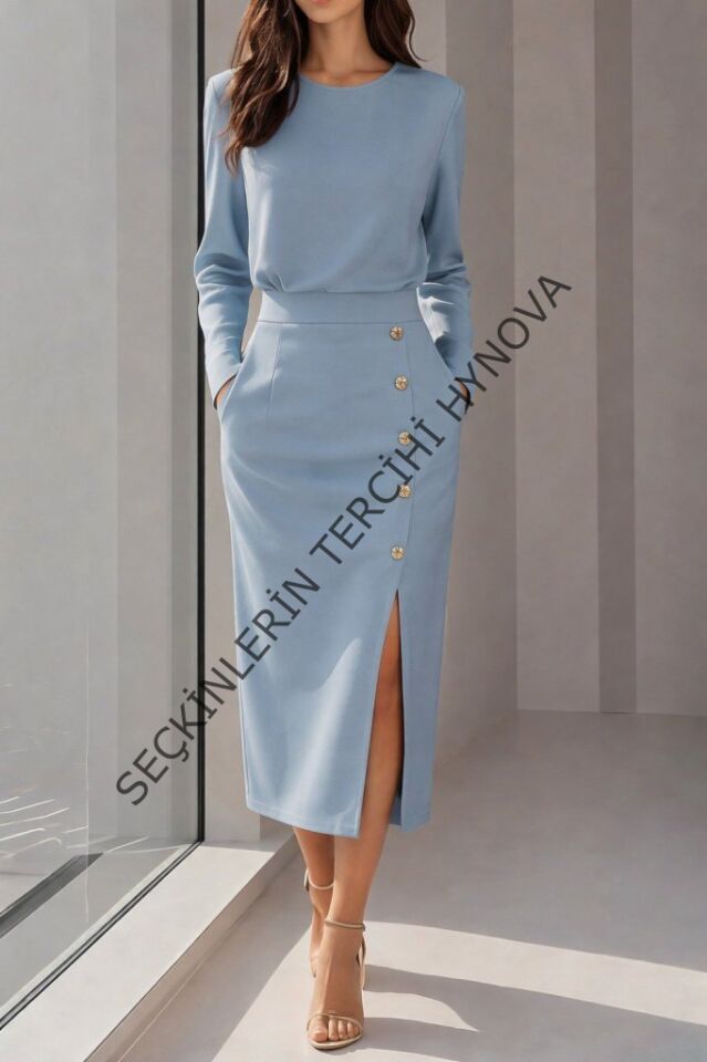 Kadın Uzun Kollu Bisiklet Yakalı Yandan Yırtmaçlı Düğmeli Midi Ithal Krep Elbise