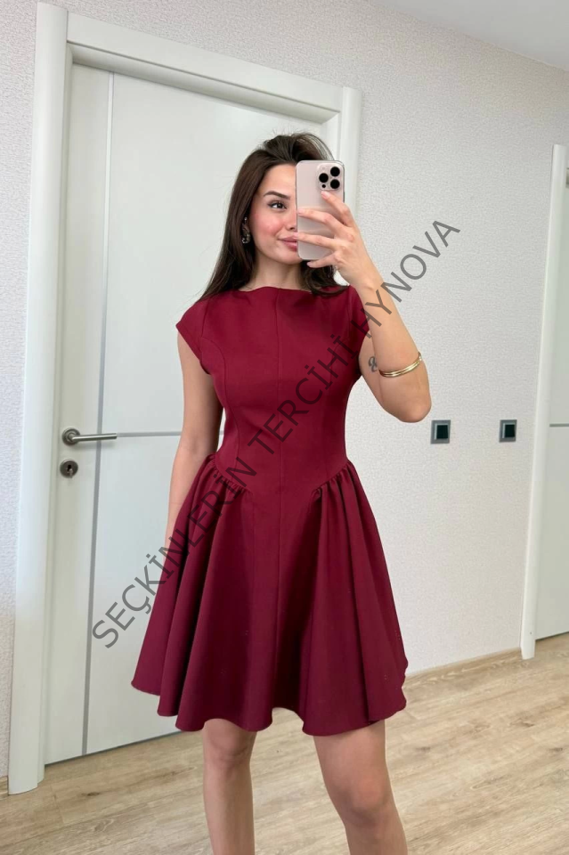 Sırt Dekolteli Çan Detaylı Mini Elbise - Bordo