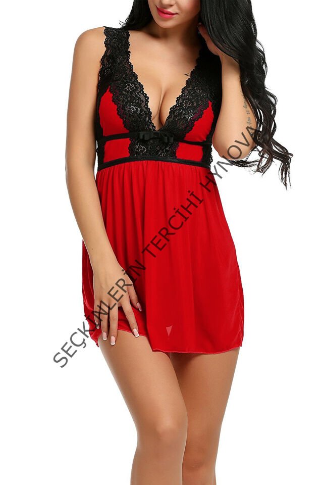 Kadın Kırmızı Dantelli Sırtı Açık Gecelik – Modern ve Şık Tasarım