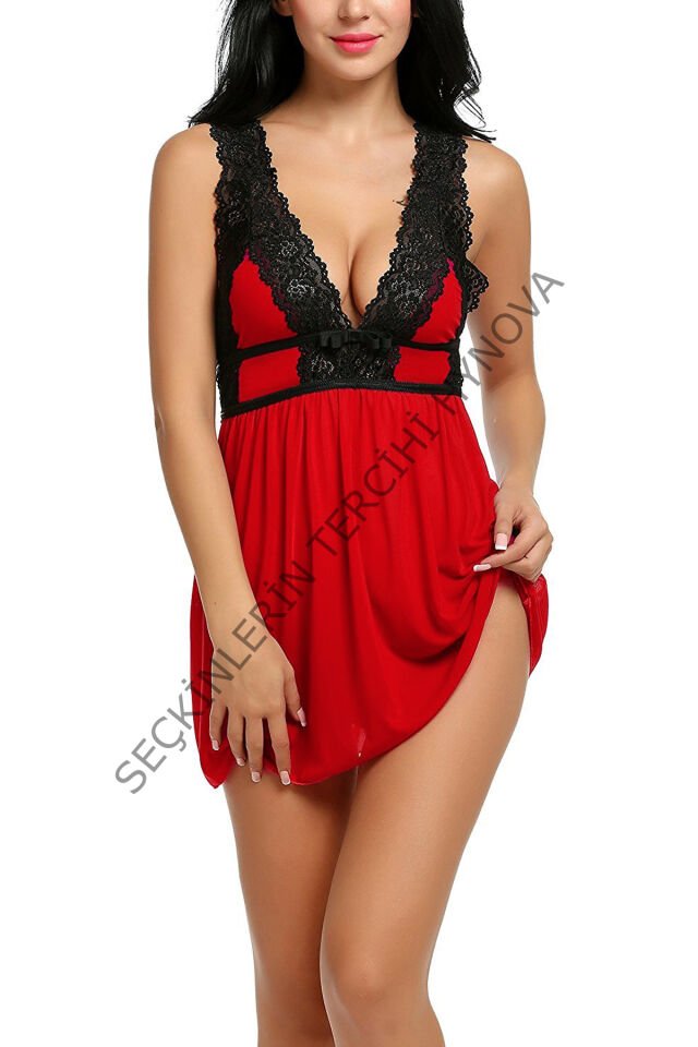 Kadın Kırmızı Dantelli Sırtı Açık Gecelik – Modern ve Şık Tasarım