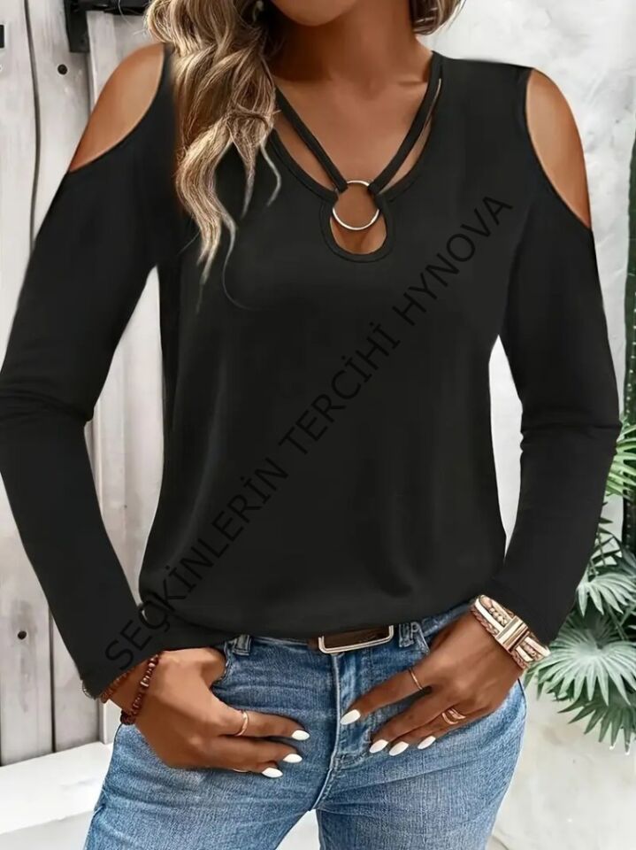 Kadın Omuzlardan Açık Uzun Kollu Yakadan Halka şerit Detaylı Viskon Bluz