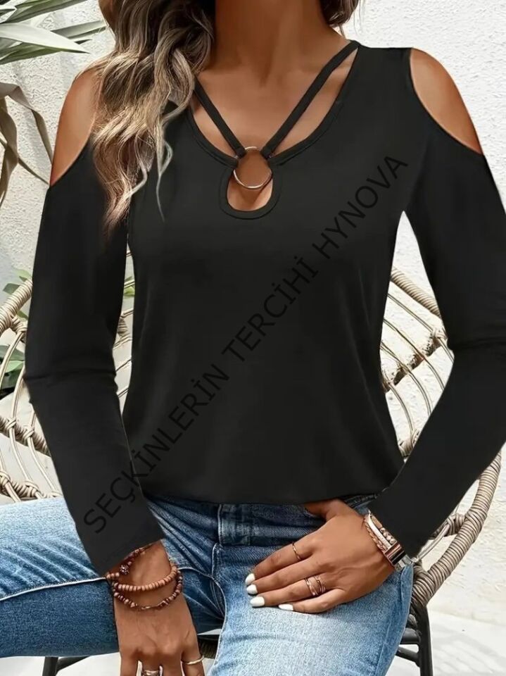 Kadın Omuzlardan Açık Uzun Kollu Yakadan Halka şerit Detaylı Viskon Bluz