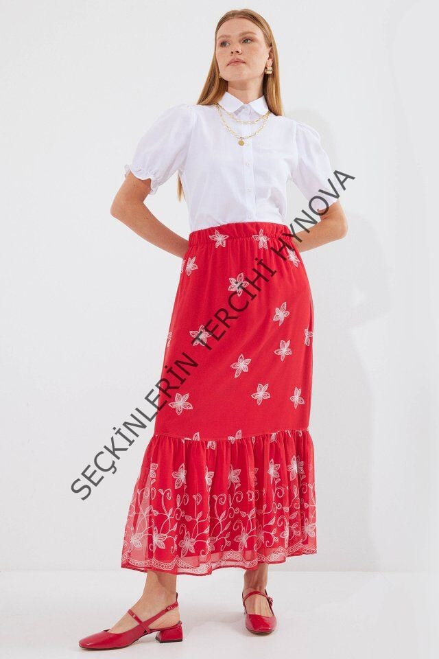 8010 Desenli Şifon Etek - A.Kırmızı