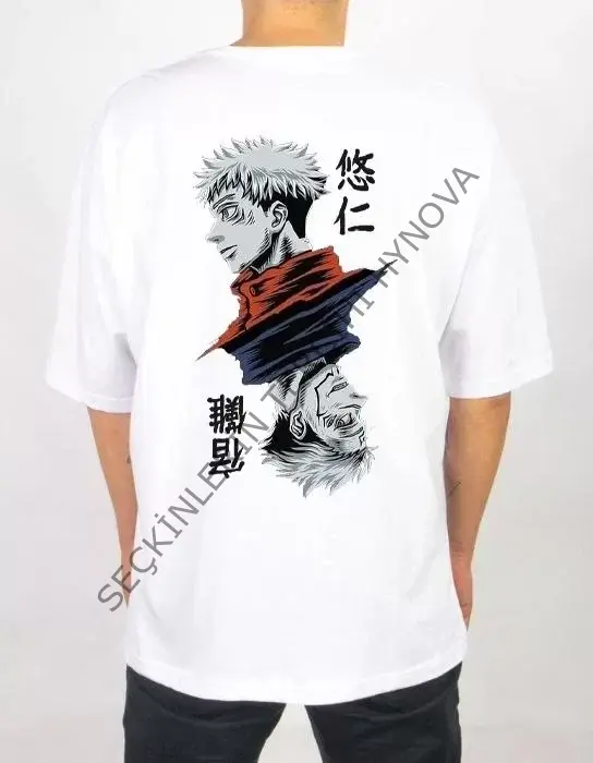 Unisex Bisiklet Yaka Baskılı Oversize T-Shirt - Beyaz