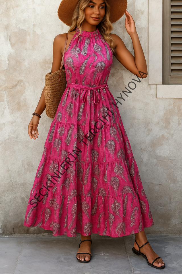 Kadın Omuzlardan Açık Boyundan Geçmeli Desenli Süprem Bluz