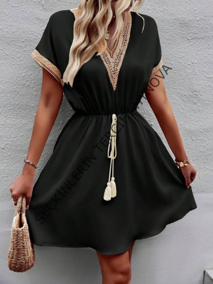 Kadın Kısa Kollu V Yakalı Belinde Bağcıklı Viskon Elbise