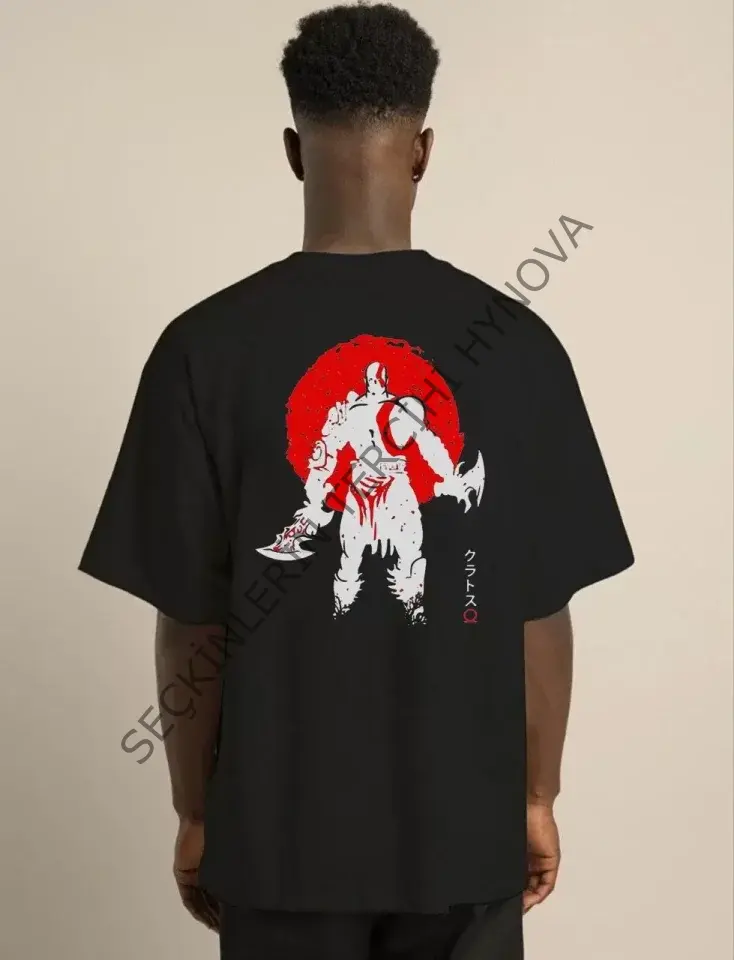 Unisex Bisiklet Yaka Baskılı Oversize T-Shirt - Siyah