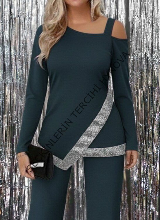 Kadın Tek Omuzdan Açık Uzun Kollu önü Pulpayet Ithal Krep Bluz Ve Pantolon