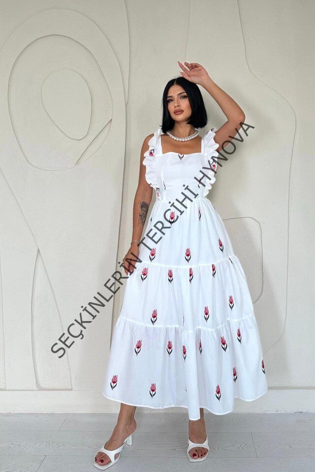 Kırmızı Sıfır Kol Fırfırlı Elbise