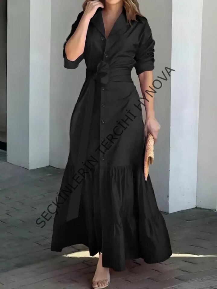 Kadın Uzun Kollu Eteği Fırfırlı Beli Kuşaklı Trikoton Tam Boy Gömlek Elbise