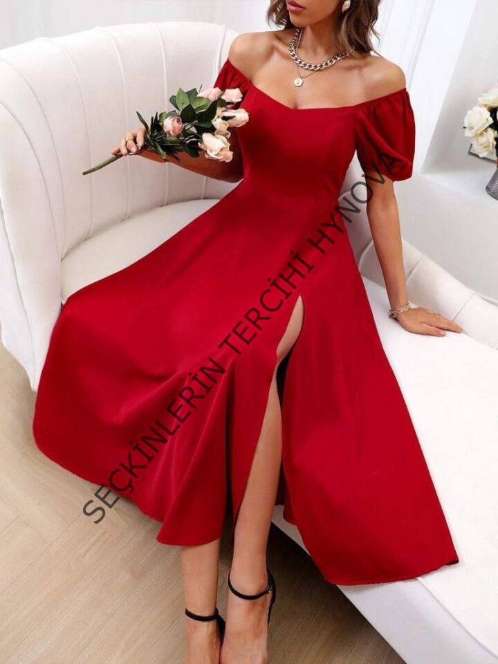 Kadın Kısa Kollu Kare Yakalı Yırtmaçlı Midi Janjan Krep Elbise