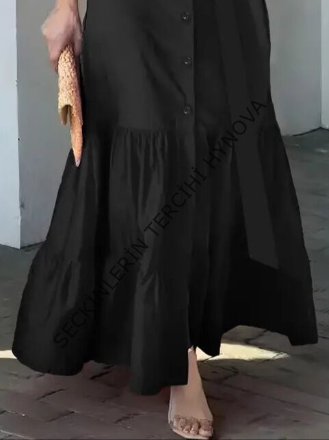 Kadın Uzun Kollu Eteği Fırfırlı Beli Kuşaklı Trikoton Tam Boy Gömlek Elbise