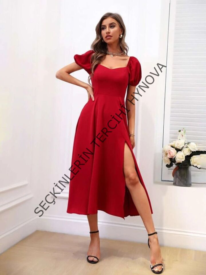 Kadın Kısa Kollu Kare Yakalı Yırtmaçlı Midi Janjan Krep Elbise