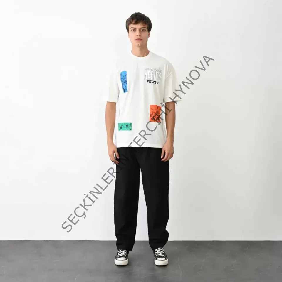 Unisex Bisiklet Yaka Baskılı Oversize T-Shirt - Beyaz