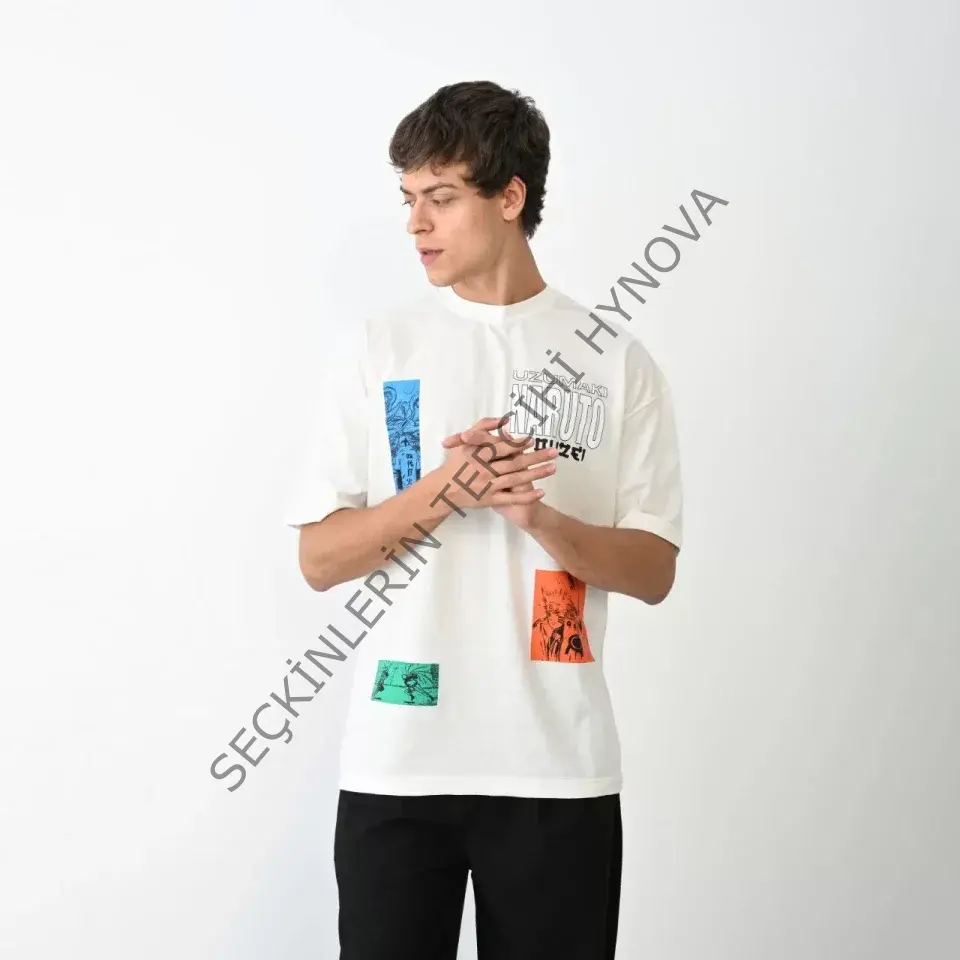 Unisex Bisiklet Yaka Baskılı Oversize T-Shirt - Beyaz