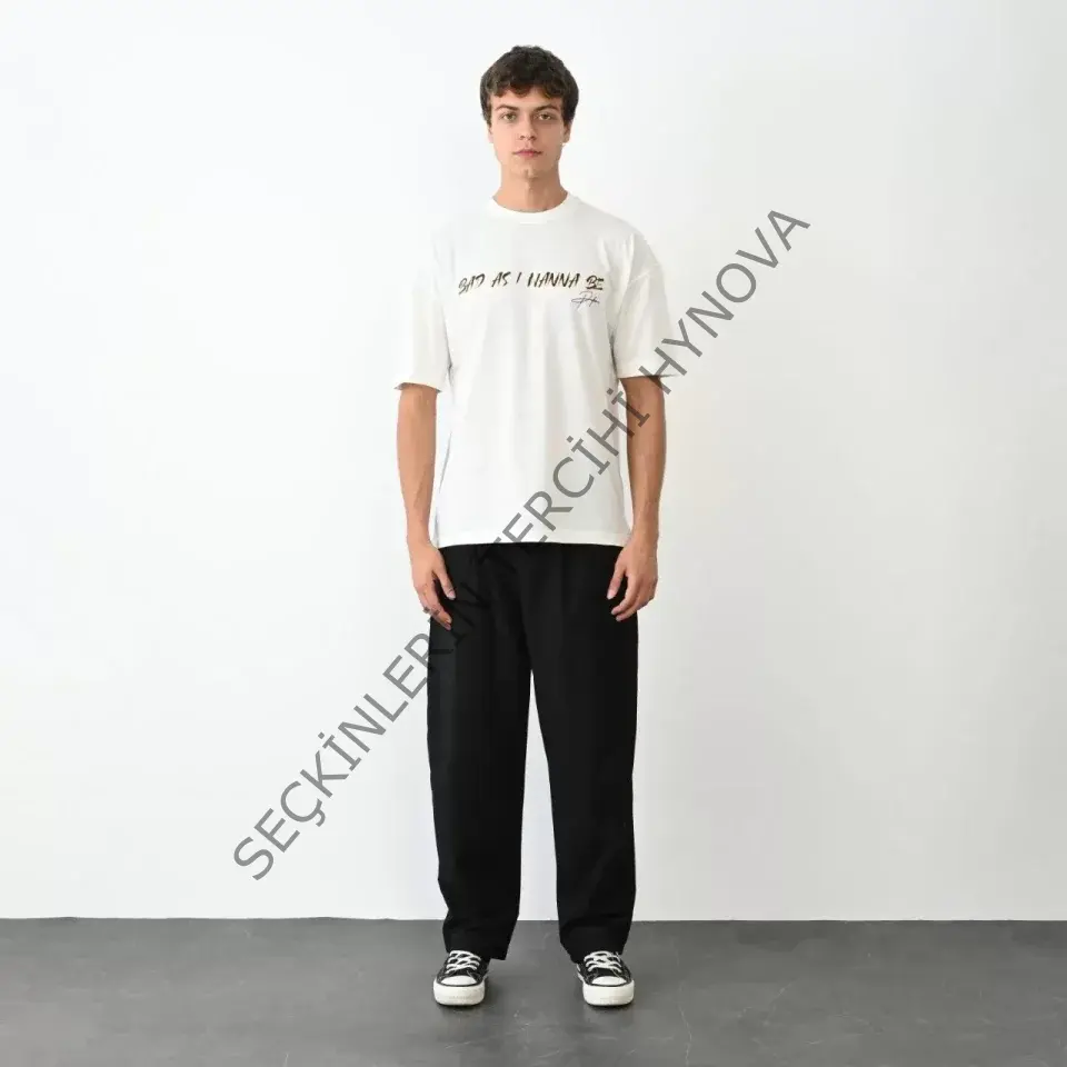 Unisex Bisiklet Yaka Baskılı Oversize T-Shirt - Beyaz