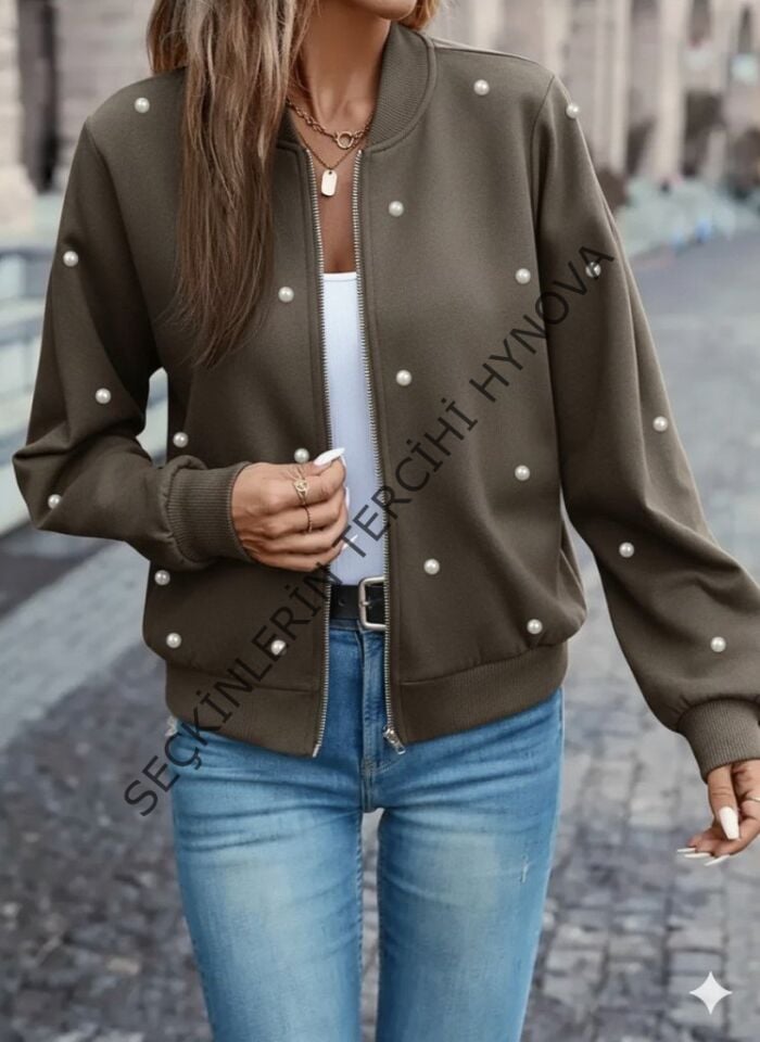 Kadın Uzun Kollu önden Fermuarlı Incili Kısa Modal Ceket