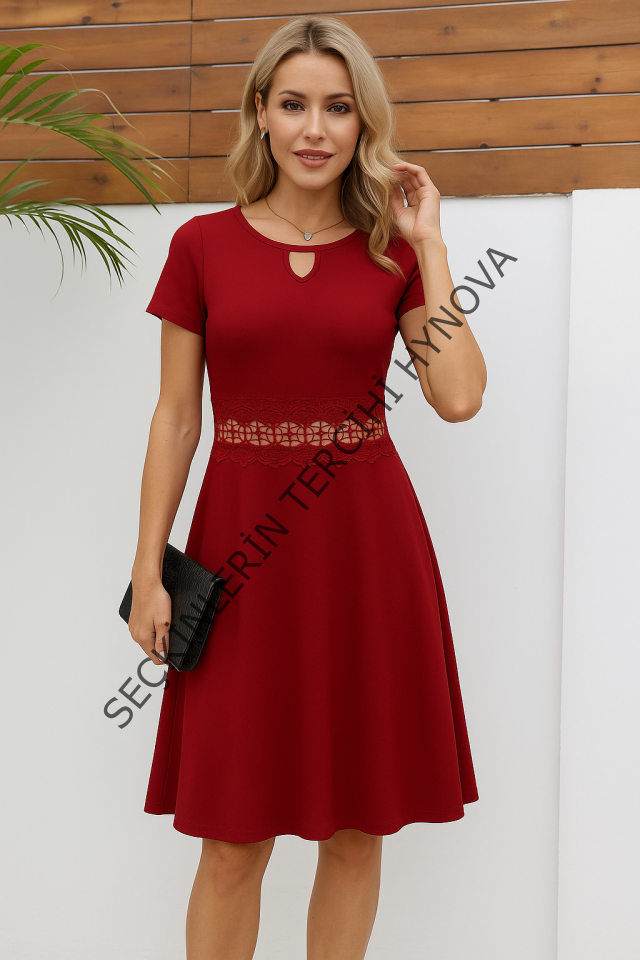 Kadın Kısa Kollu Yuvarlak Yaka Damla Detaylı Janjan Elbise