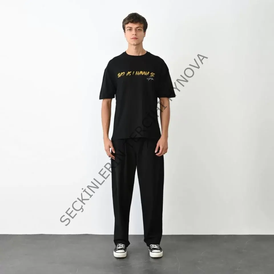 Unisex Bisiklet Yaka Baskılı Oversize T-Shirt - Siyah