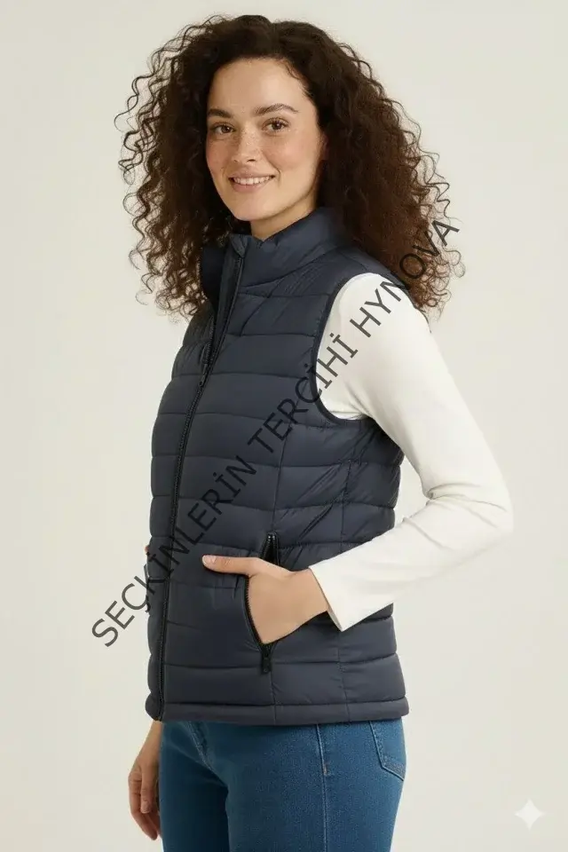 Şişme Fermuarlı Yelek Su Itici Kapitone Astarlı Kumaş Cepli Hafif Kışlık Spor Rahat Kalıp - Lacivert