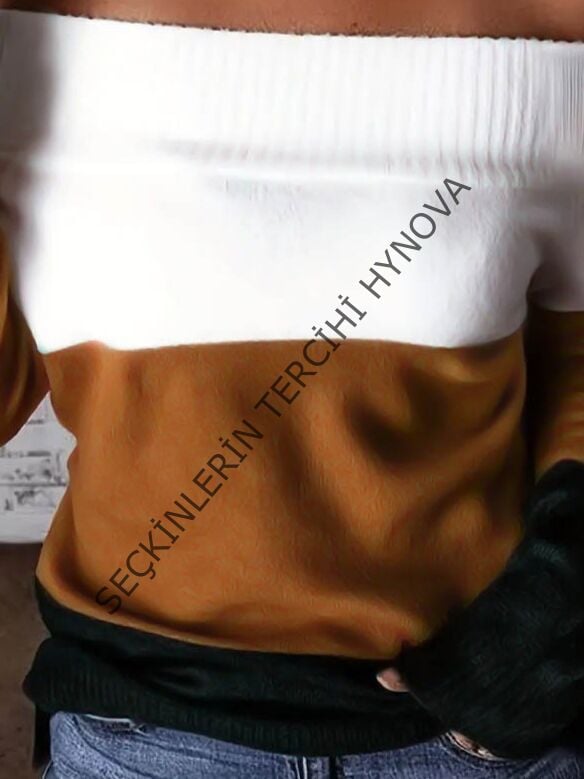 Kadın Uzun Kollu Omuzlardan Açık Uzun Kollu Blok çizgili Triko Bluz