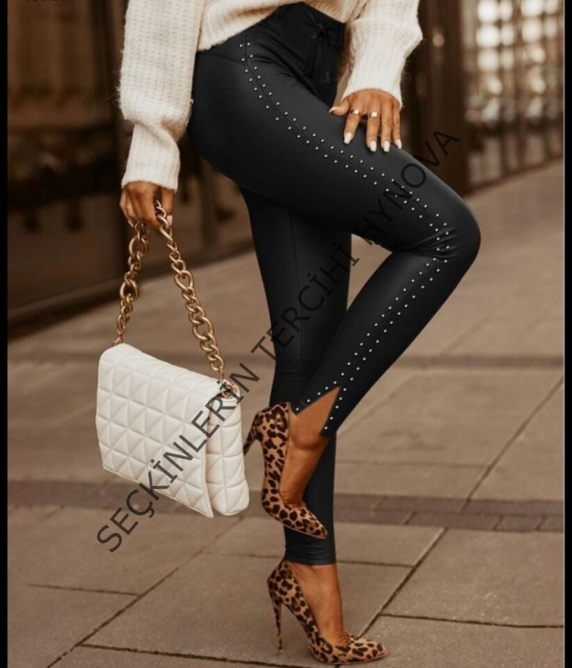 Kadın Yüksek Bel Yanlardan Incili Yırtmaçlı Uzun Deri Tayt