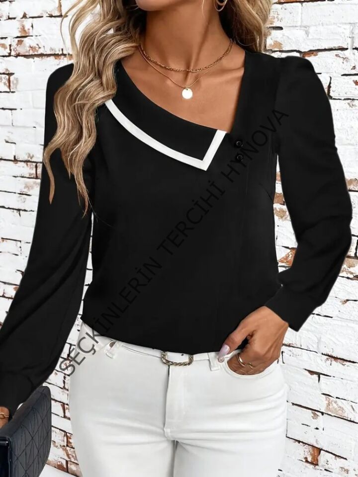 Kadın Uzun Kollu Yaka Detaylı Düğmeli Ithal Krep Bluz