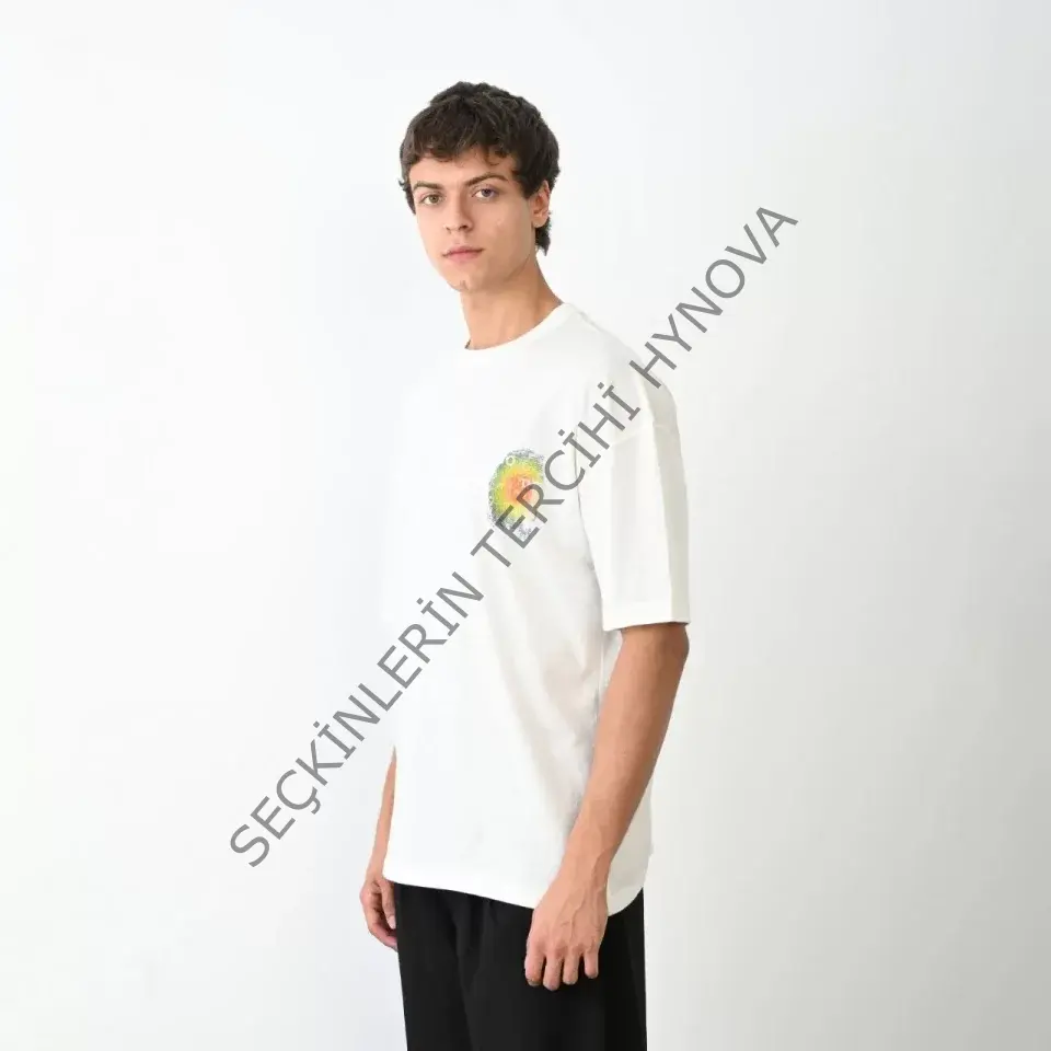 Unisex Bisiklet Yaka Baskılı Oversize T-Shirt - Beyaz