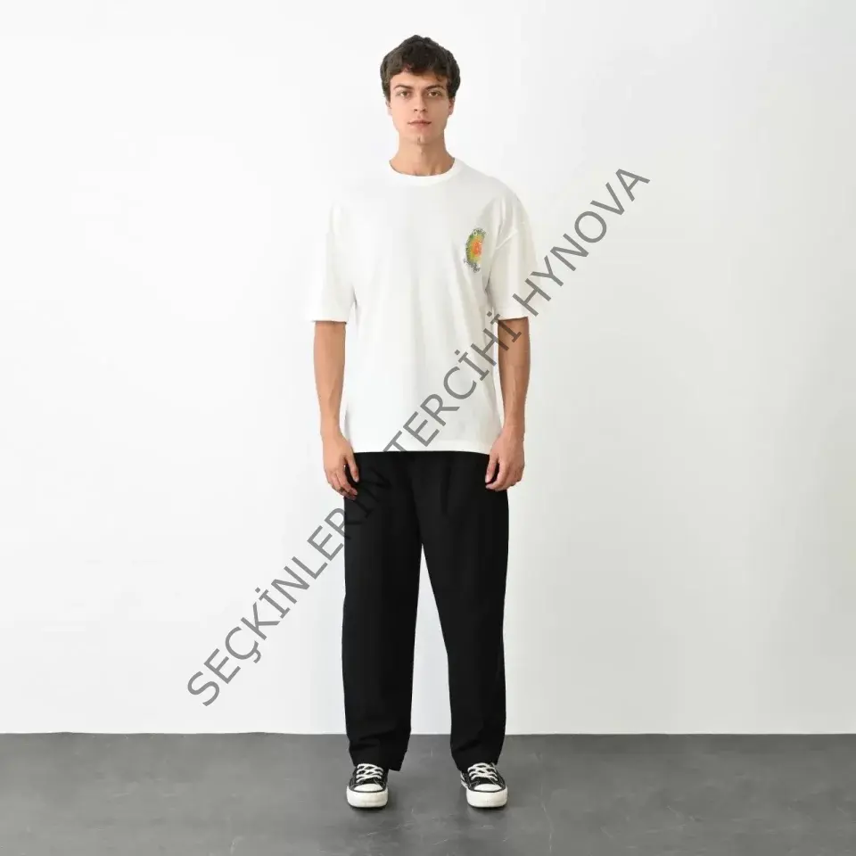 Unisex Bisiklet Yaka Baskılı Oversize T-Shirt - Beyaz