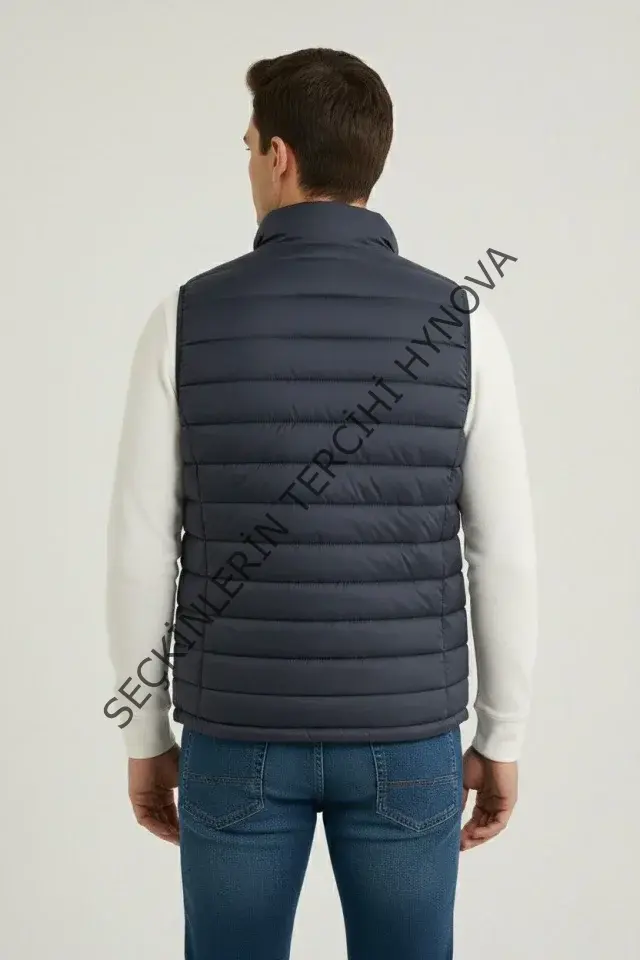 Erkek Şişme Fermuarlı Yelek Su Itici Kapitone Astarlı Kumaş Cepli Hafif Kışlık Spor Rahat Kalıp - Lacivert