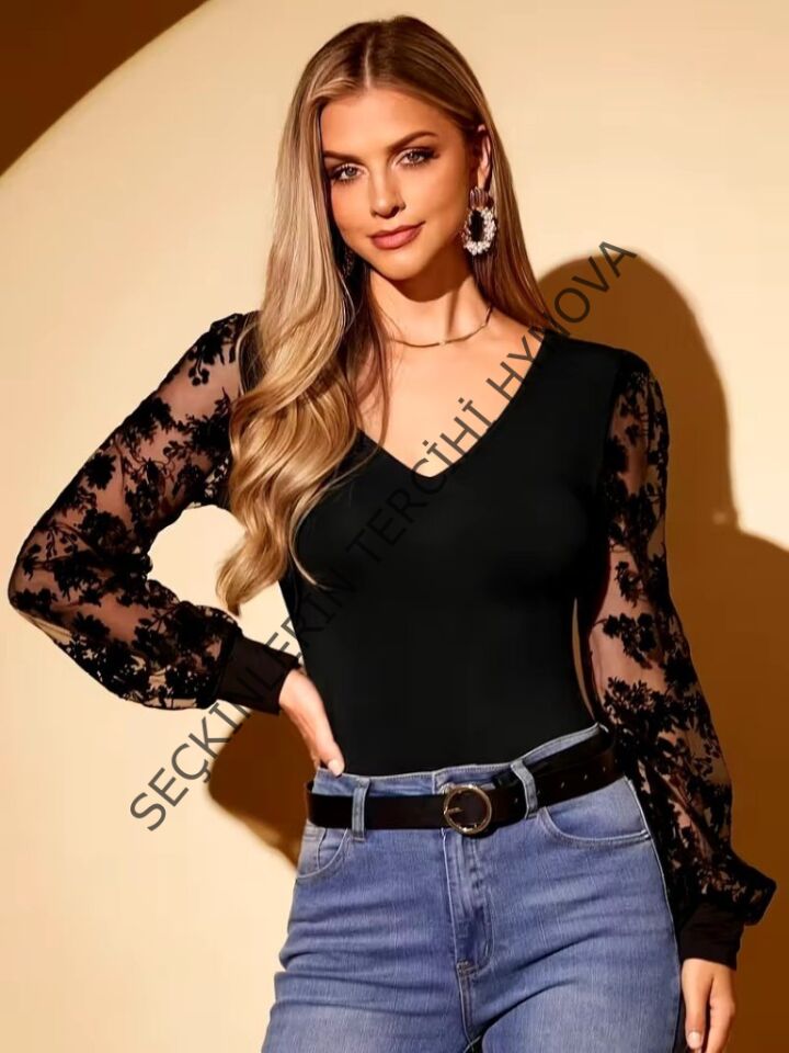 Kadın Uzun Kollu V Yakalı Dantelli Viskon Bluz