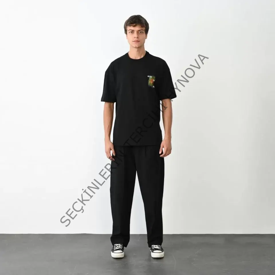 Unisex Bisiklet Yaka Baskılı Oversize T-Shirt - Siyah