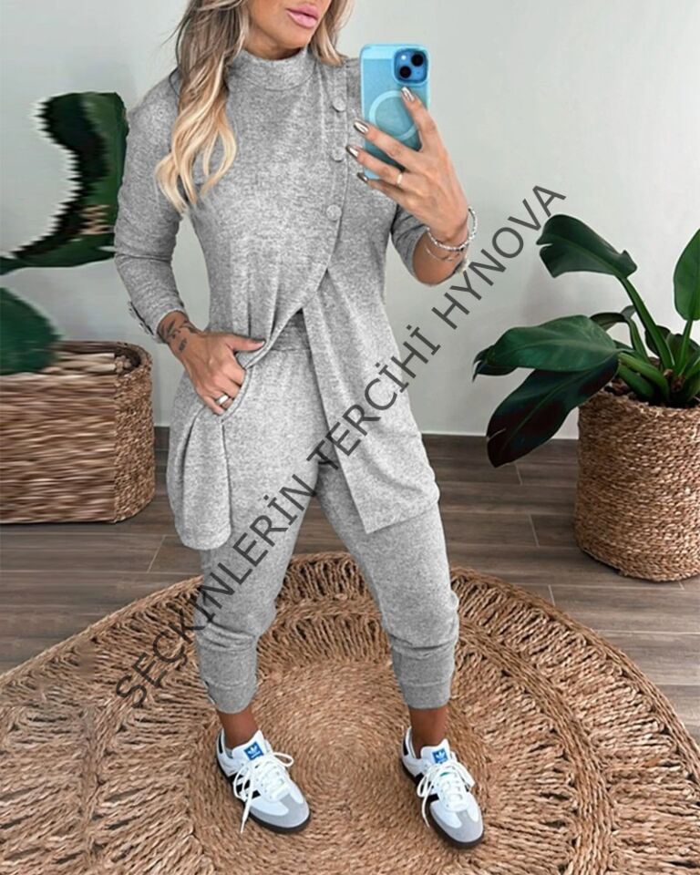 Kadın Uzun Kollu Balıkçı Yaka önden Düğmeli Bluz Ve Pantolon Yumoş Ikili Takım