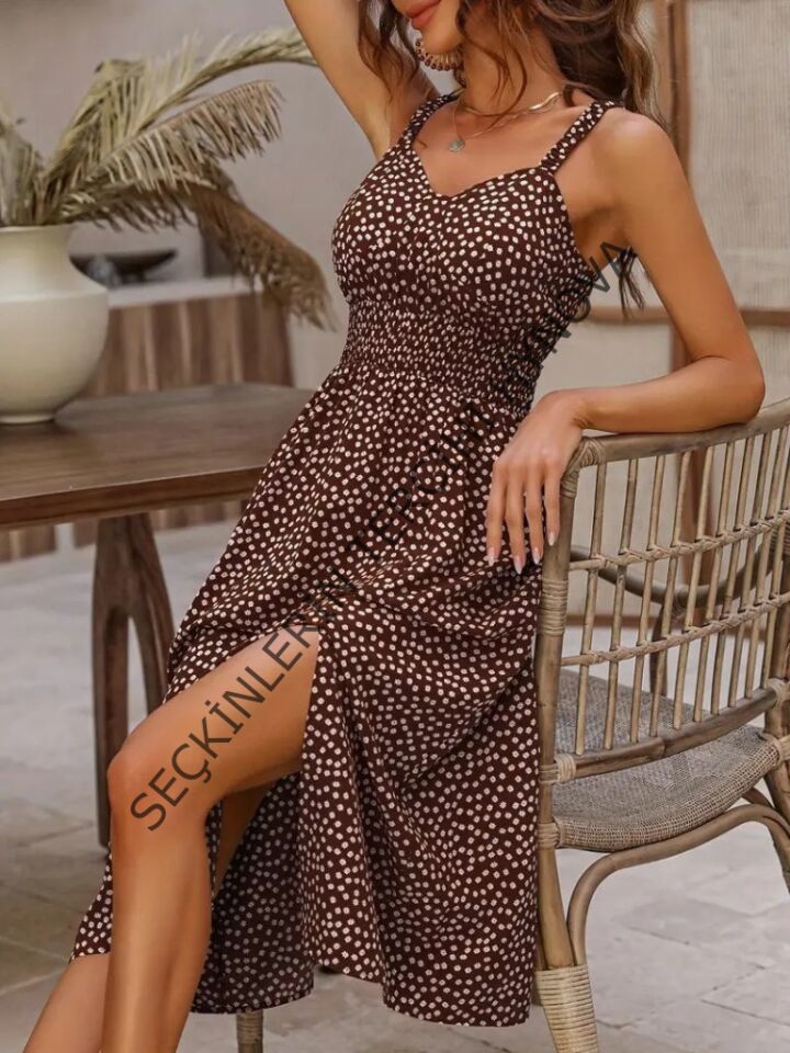 Kadın Askılı V Yakalı Beli Lastikli Yırtmaçlı Süprem Midi Elbise