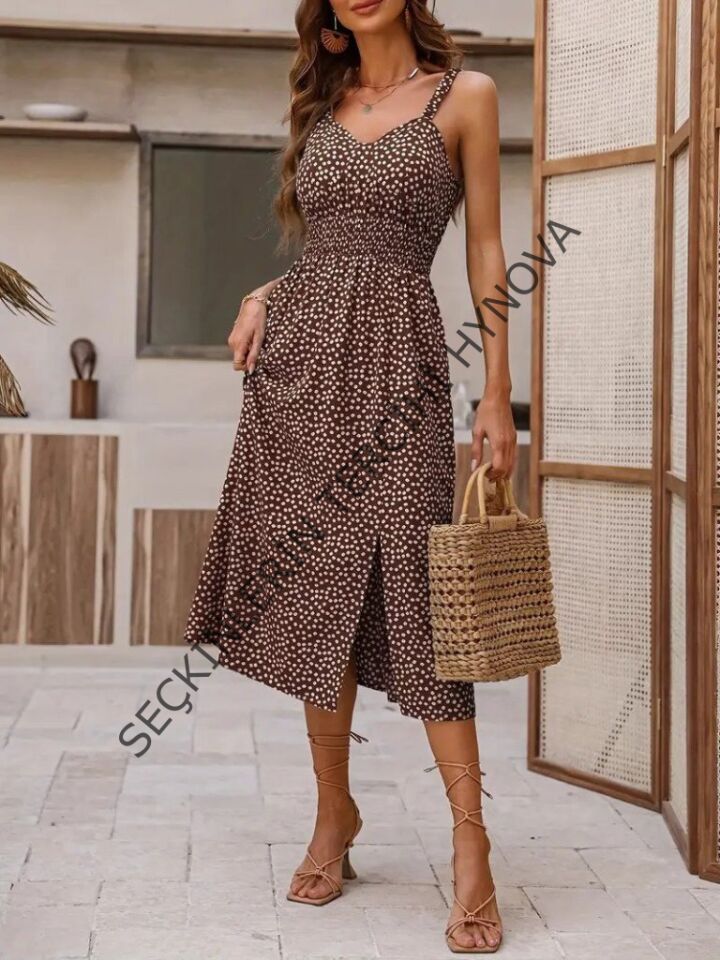 Kadın Askılı V Yakalı Beli Lastikli Yırtmaçlı Süprem Midi Elbise