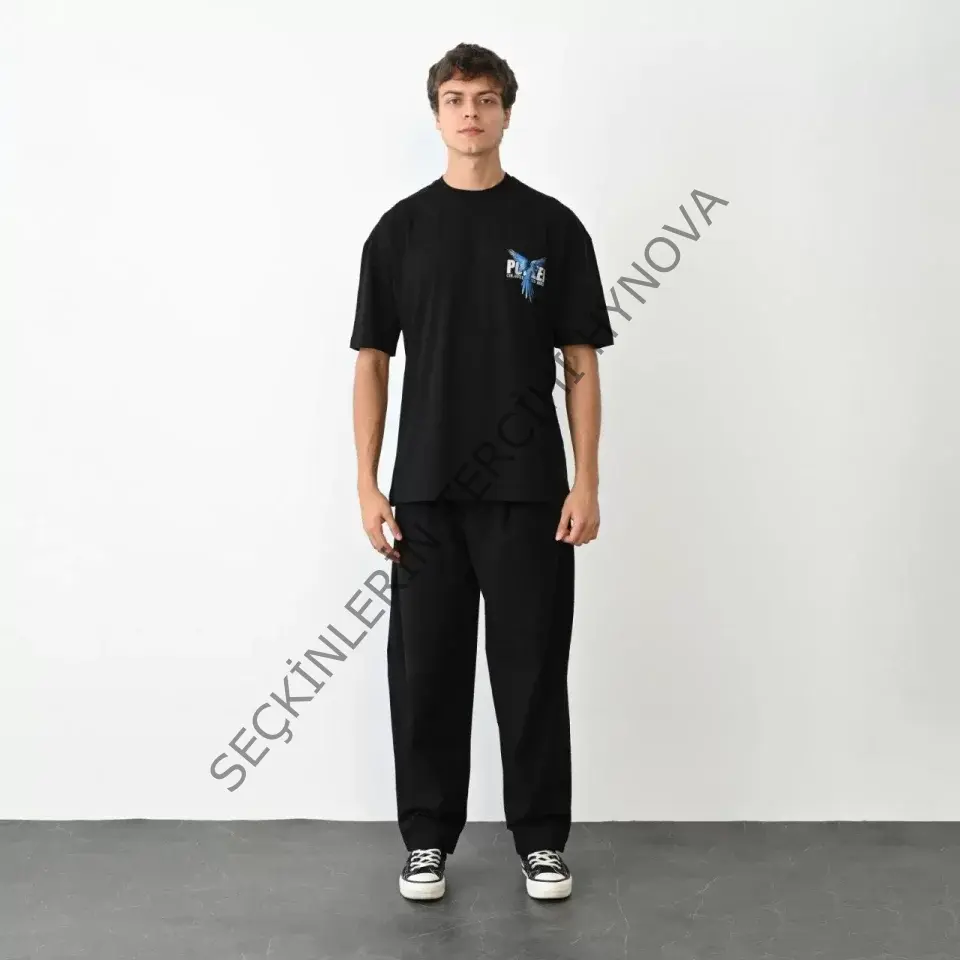 Unisex Bisiklet Yaka Baskılı Oversize T-Shirt - Siyah