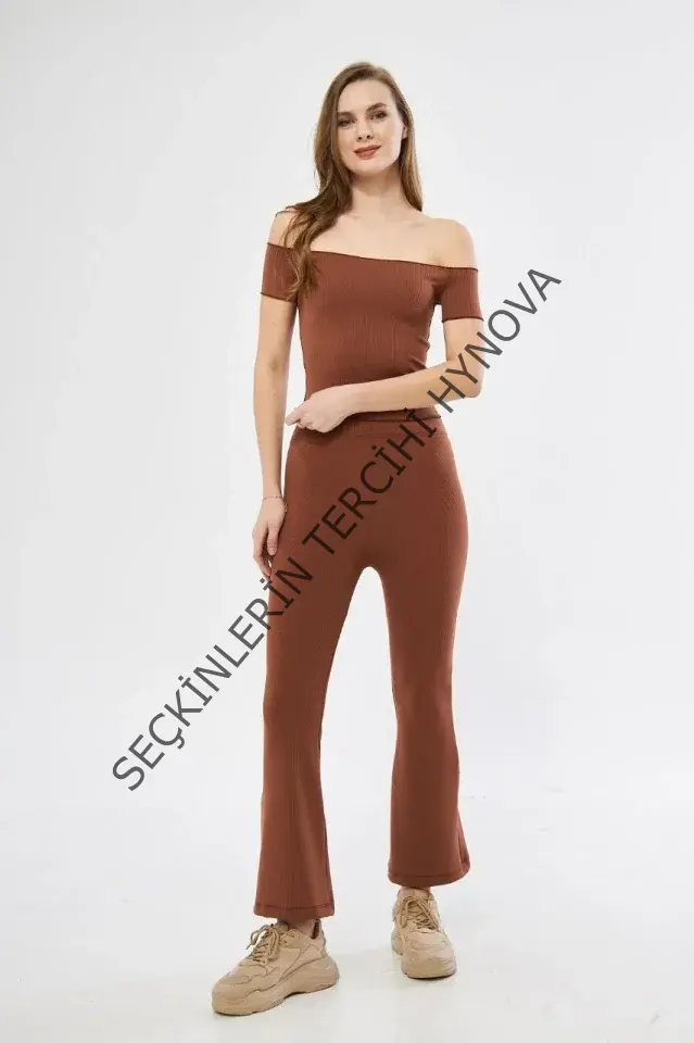 Yüksel Bel Fitilli İspanyol Paça Tayt - Kahve