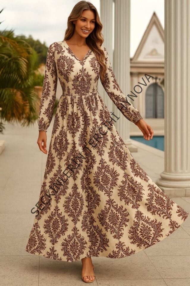 Kadın Uzun Kollu V Yakalı Desenli Süprem Elbise