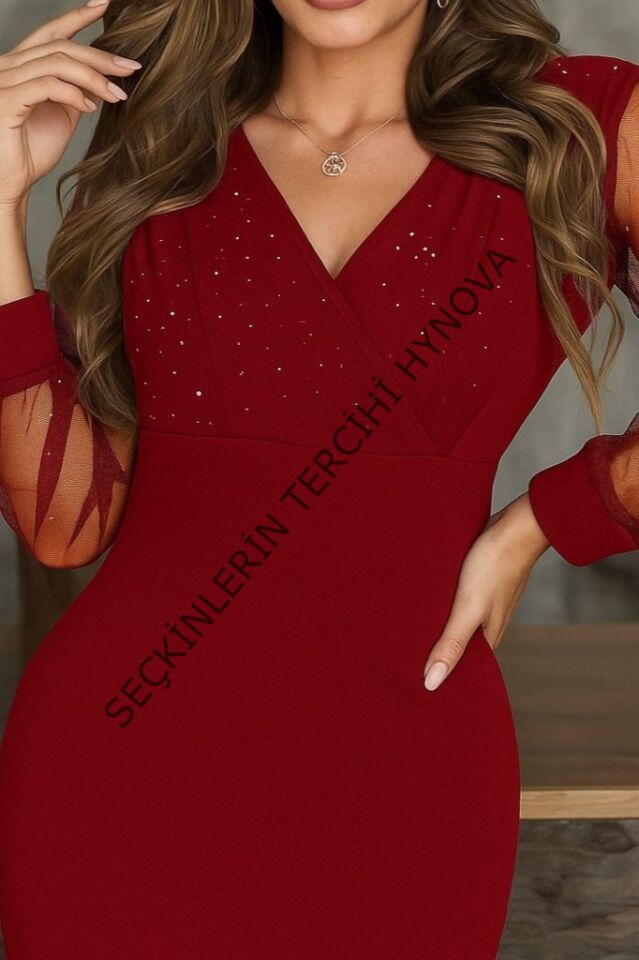 Kadın Uzun Kollu Kruvaze Yakalı Taşlı Mini Ithal Krep Elbise