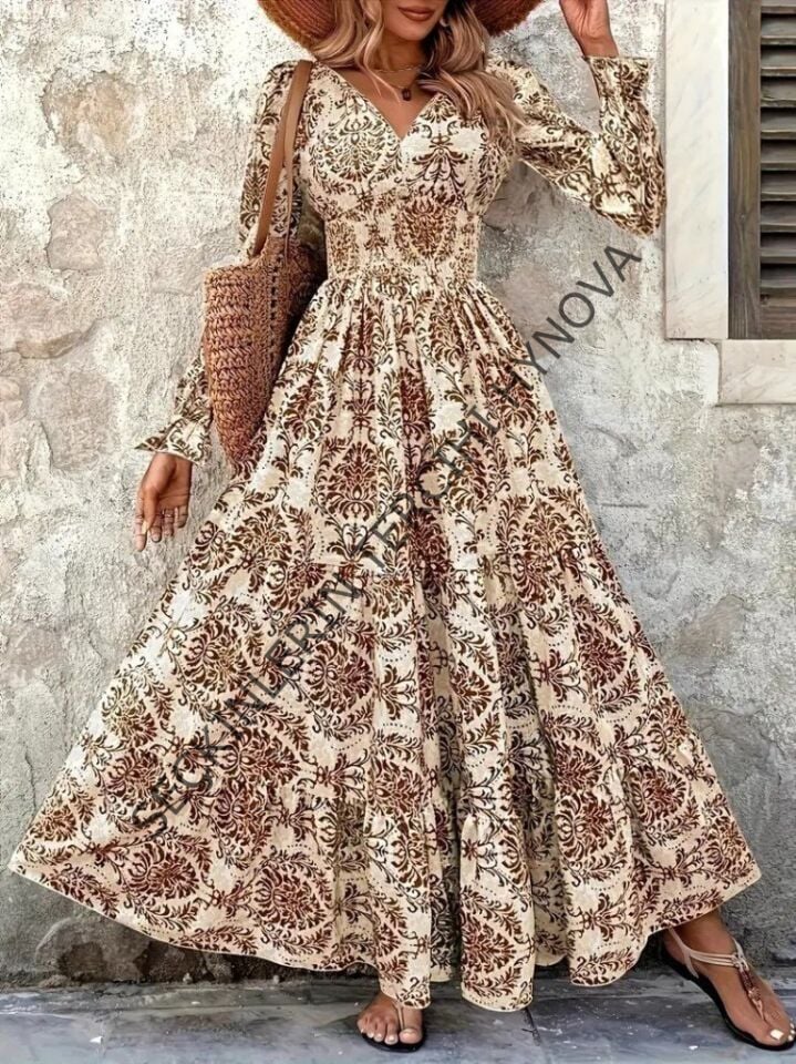 Kadın Uzun Kollu V Yakalı Desenli Süprem Elbise