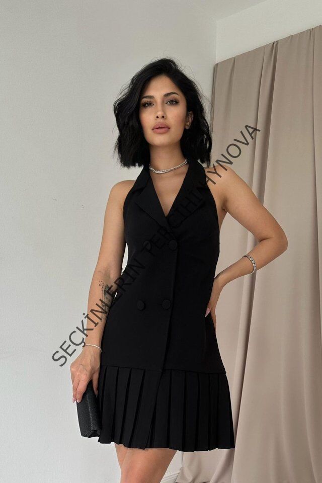 Siyah Sırtı Açık Ceket Yakalı Elbise