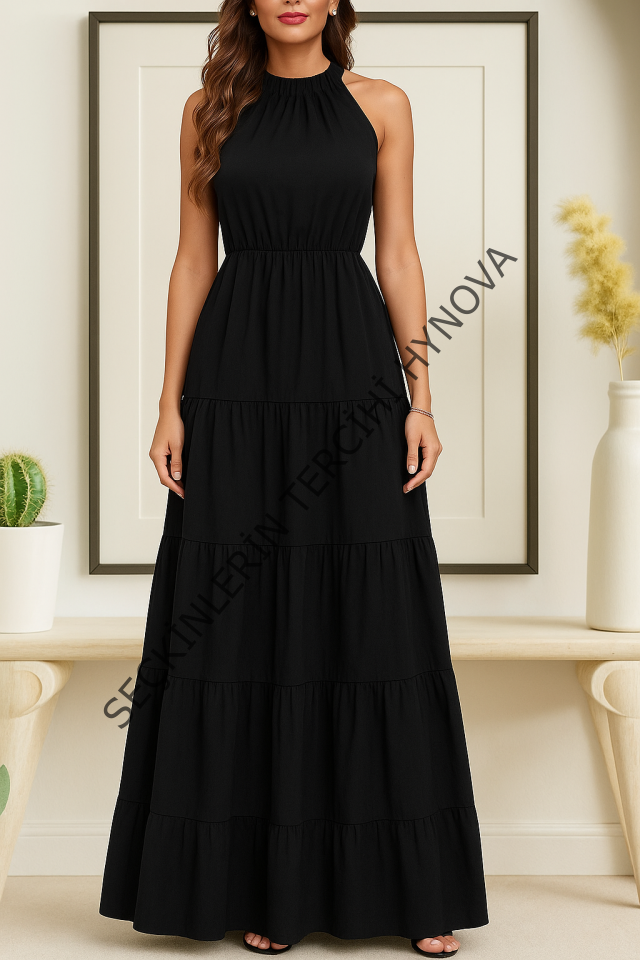 Kadın Kolsuz Halter Yaka Beli Lastiklidesenli Mikro Elbise