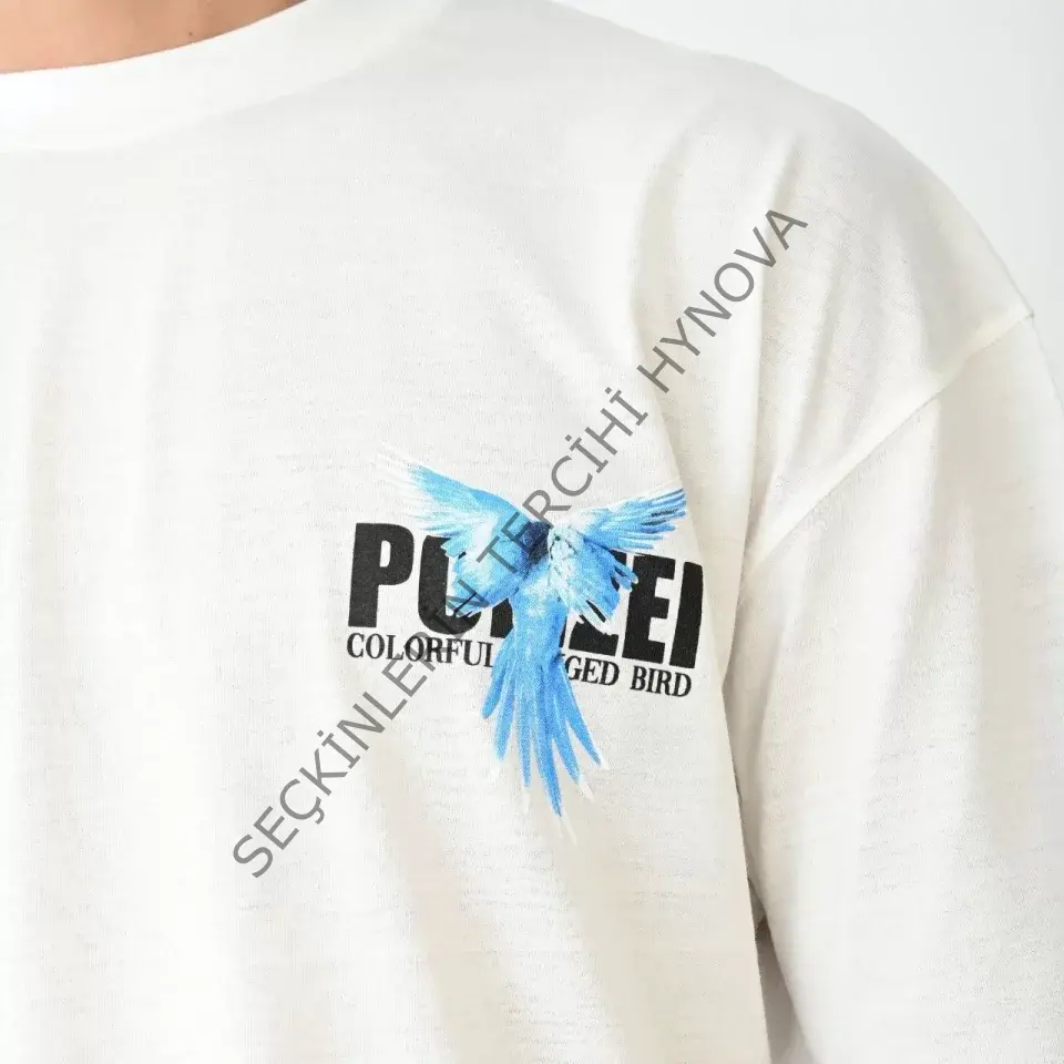 Unisex Bisiklet Yaka Baskılı Oversize T-Shirt - Beyaz