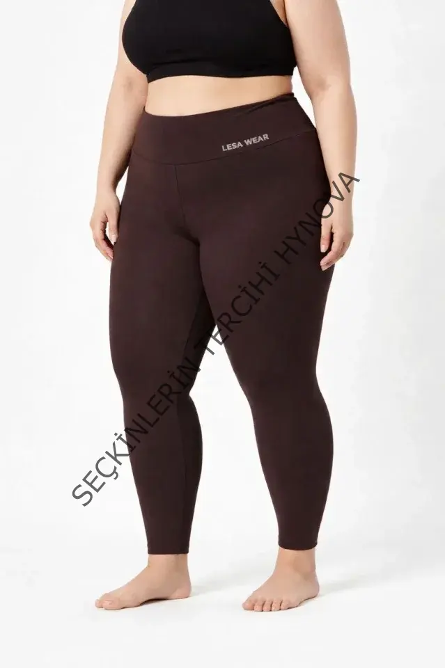 Yüksek Bel Toparlayıcı Likralı Dalgıç Spor Tayt Esnek Battal Büyük Beden - Kahverengi