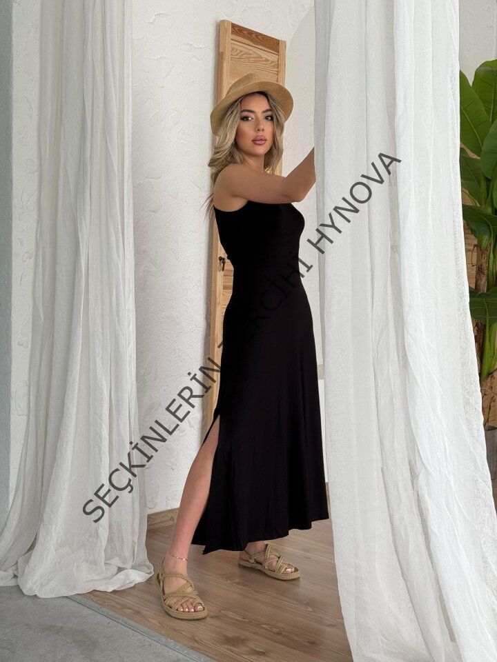 Kadın Arkadan çapraz Detay Yuvarlak Yaka Maksi Viskon Elbise