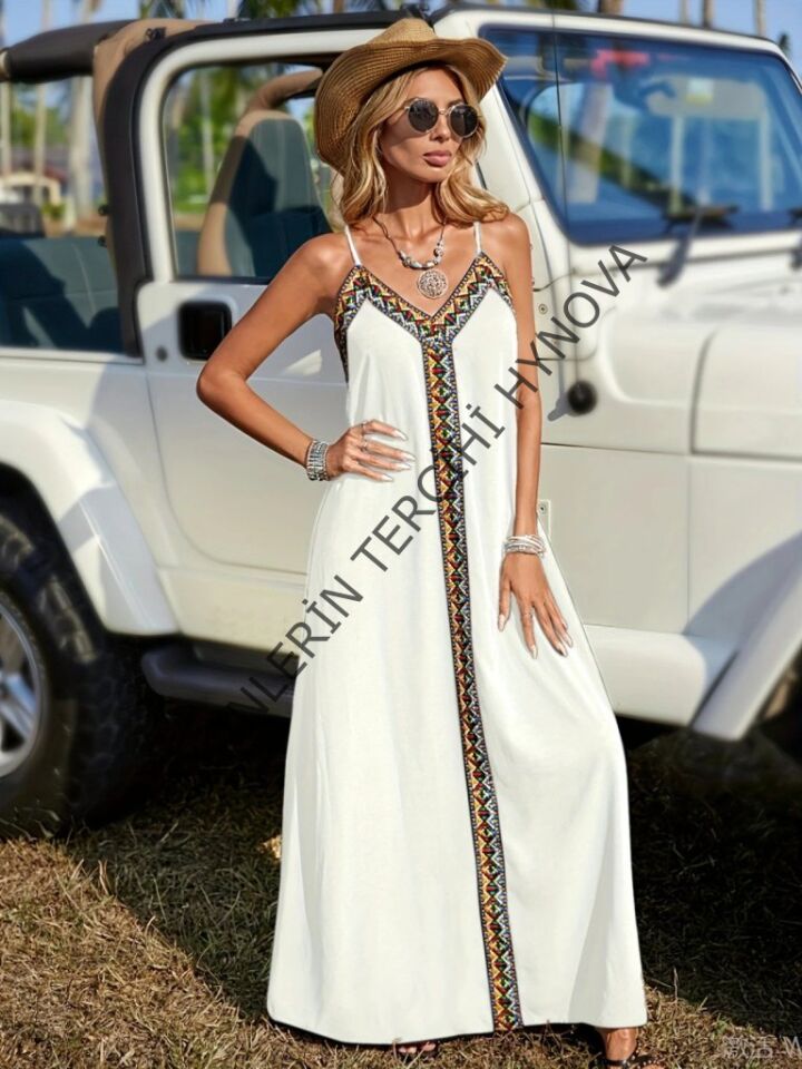 Kadın Askılı V Yakalı Etnik şerit Detaylı Uzun Viskon Elbise