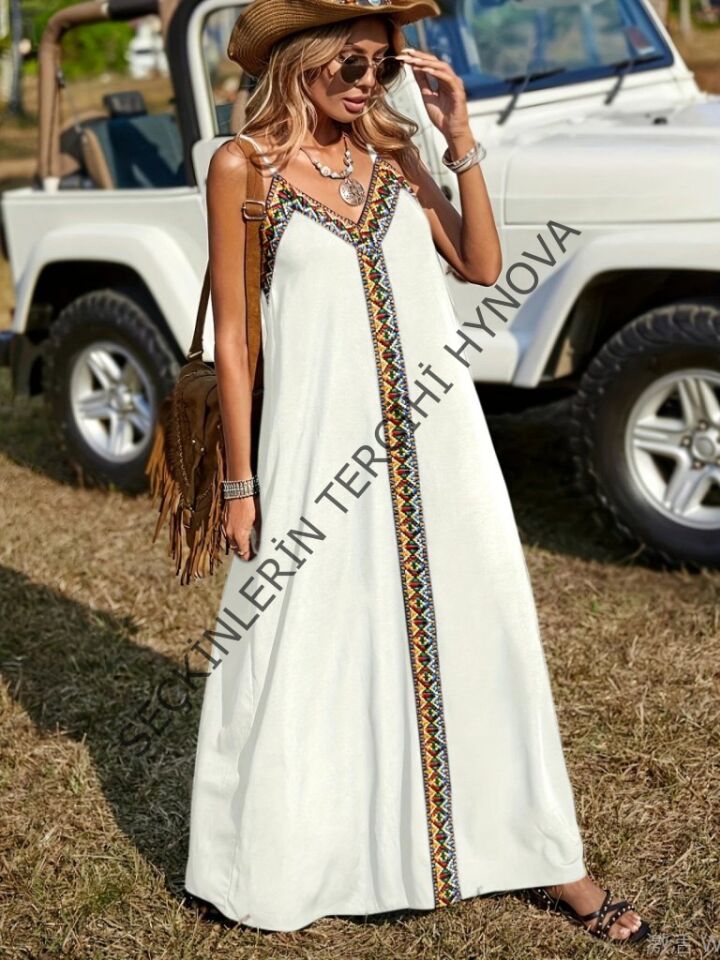 Kadın Askılı V Yakalı Etnik şerit Detaylı Uzun Viskon Elbise