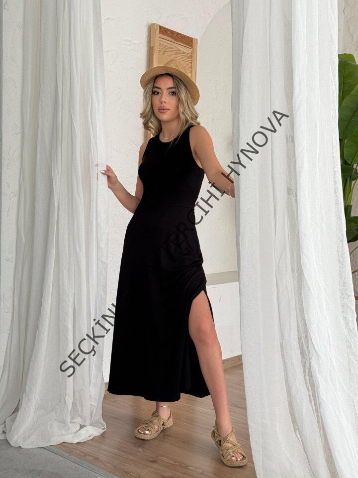 Kadın Arkadan çapraz Detay Yuvarlak Yaka Maksi Viskon Elbise