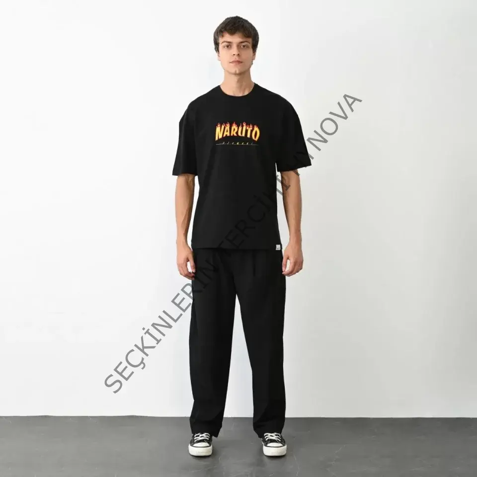 Unisex Bisiklet Yaka Baskılı Oversize T-Shirt - Siyah