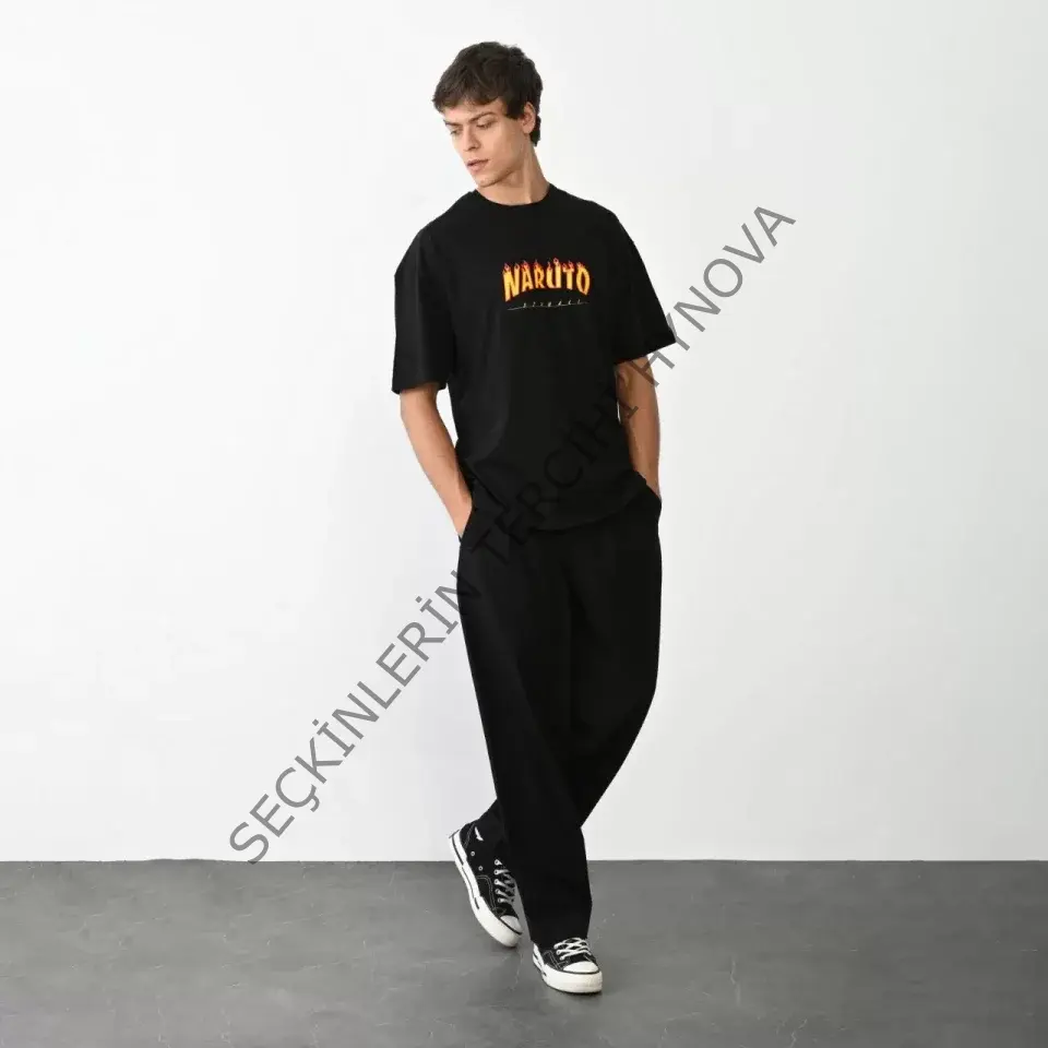 Unisex Bisiklet Yaka Baskılı Oversize T-Shirt - Siyah